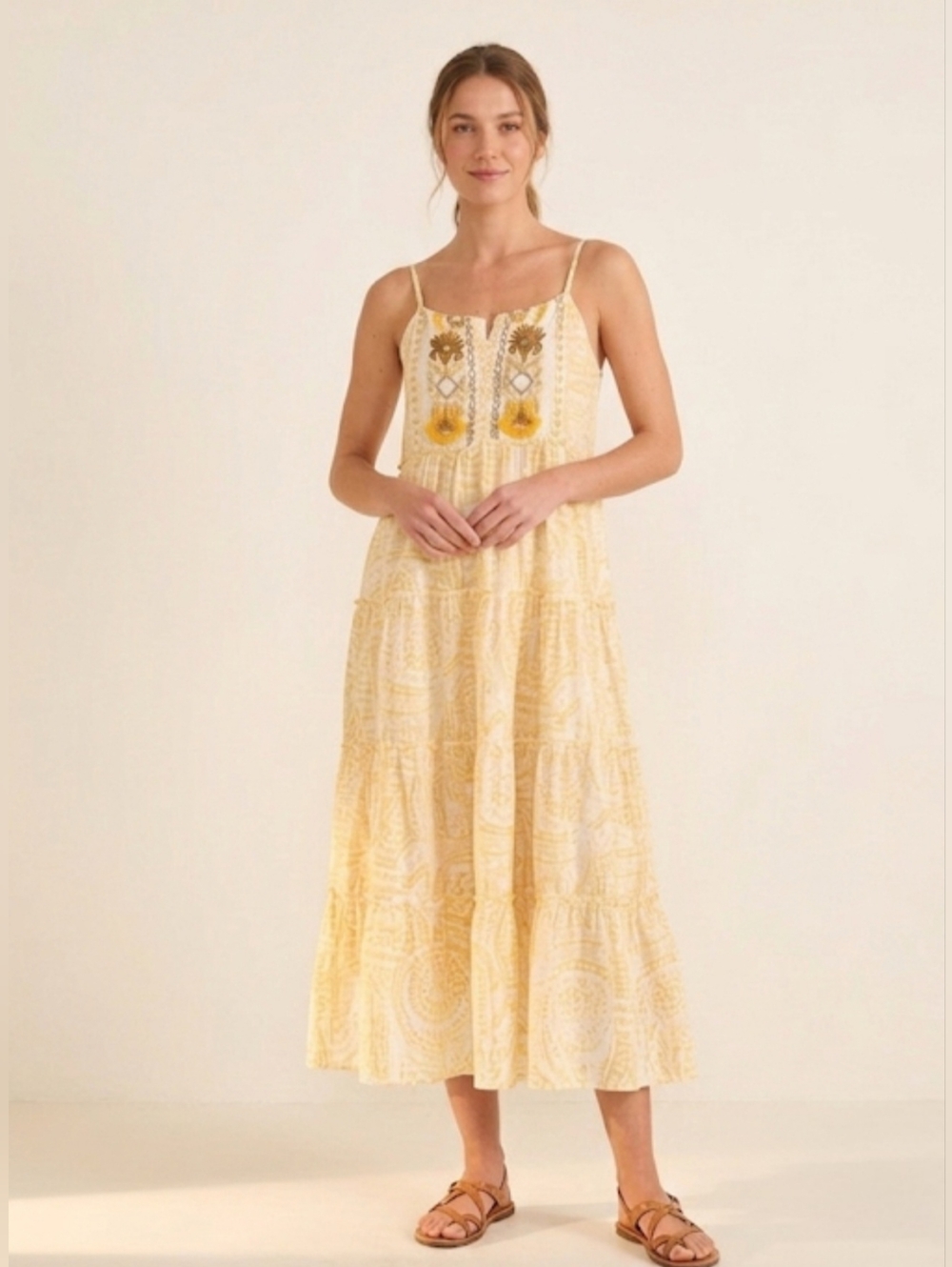AYFEÈ Florence Italy Floral Embroidered Dress Cotton Yellow Golden Maxi Size XL